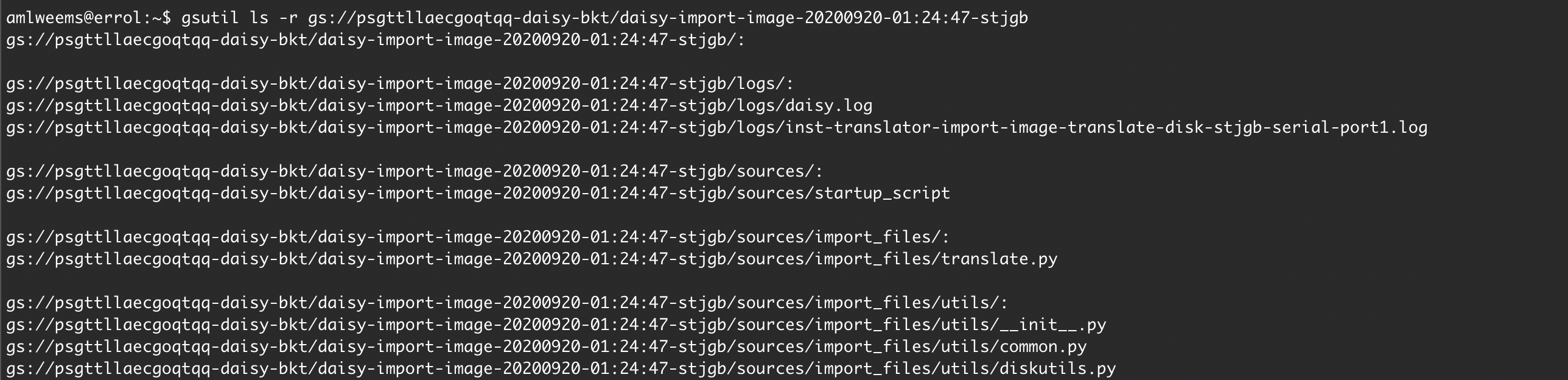 Screenshot of bucket (showing files created by victim import job)